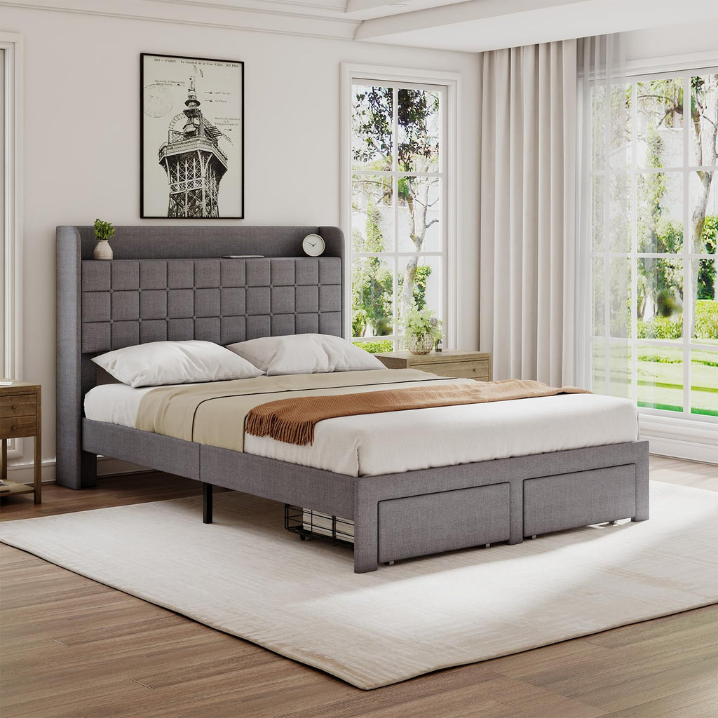Full Upholstered Platform Bed Frame with Storage Drawers Y247700