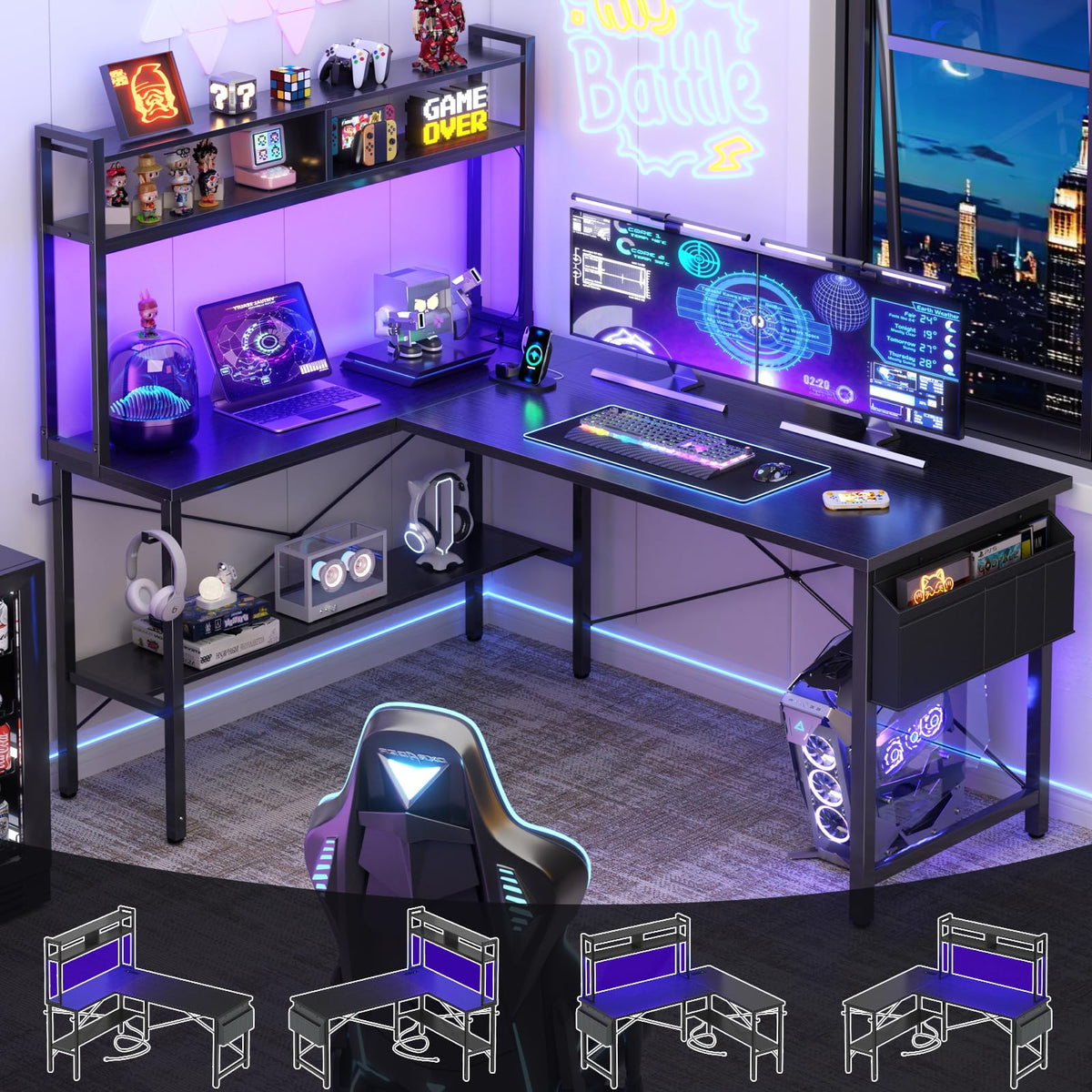 59" L Shaped Desk with LED Light & Power Outlet L493785
