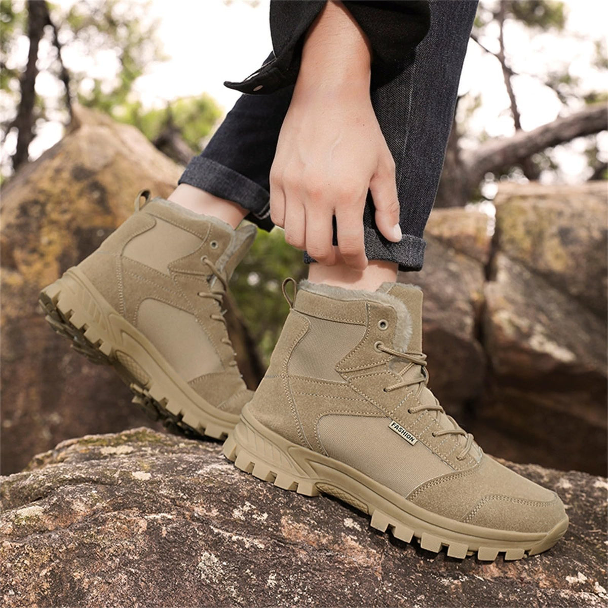 Mid Top Fur Lined Suede Leather Waterproof Military Tactical Boots O9061