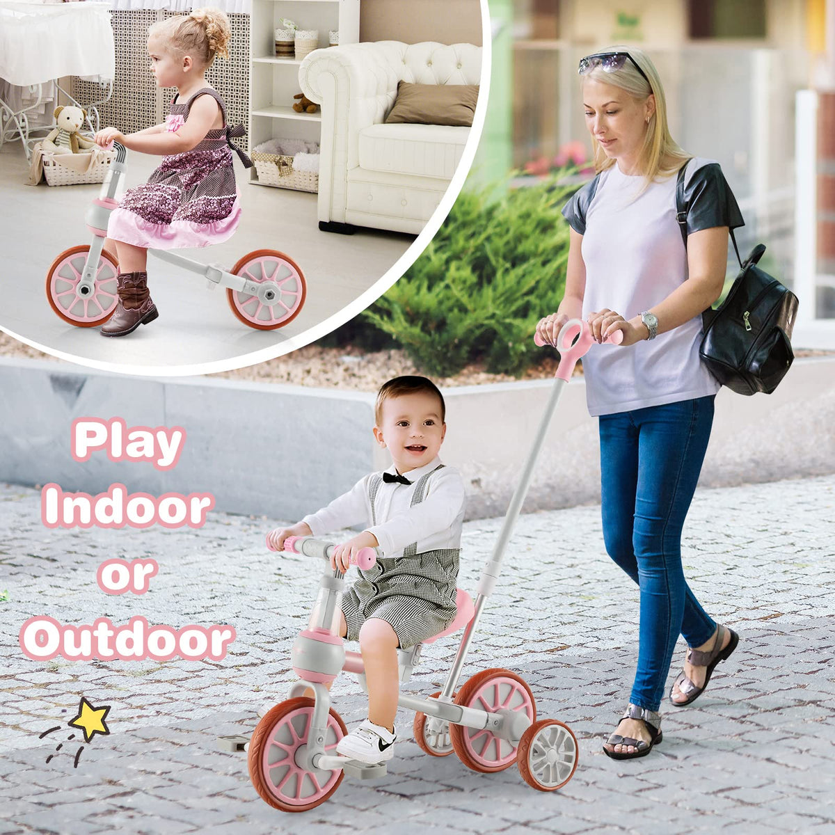 4 in 1 Tricycle with Adjustable Seat & Push Handle, Removable Pedals & Training Wheels, Pink B618