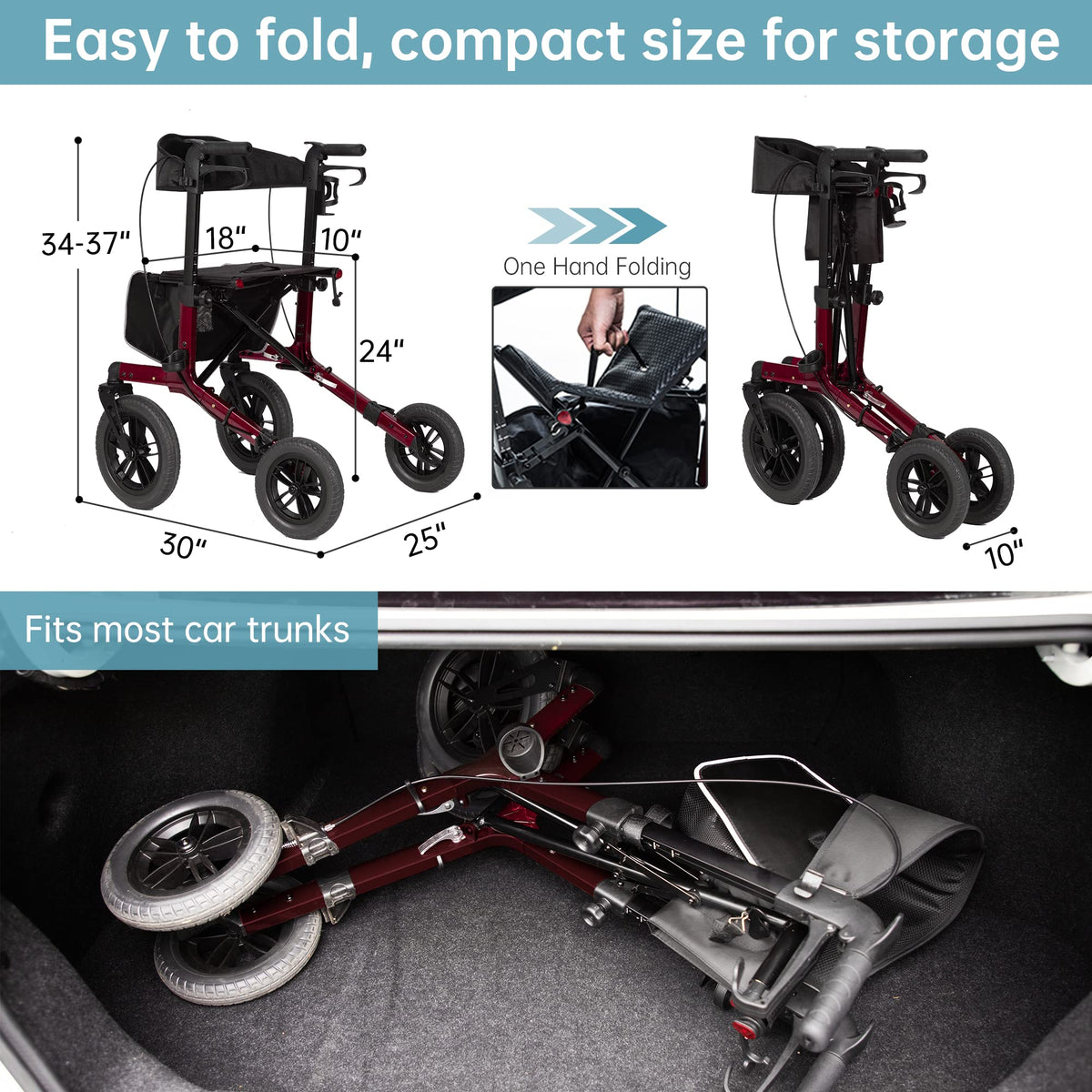 All-Terrain Rollator Walker with 12” Front Wheels, Compact Folding, Red T649