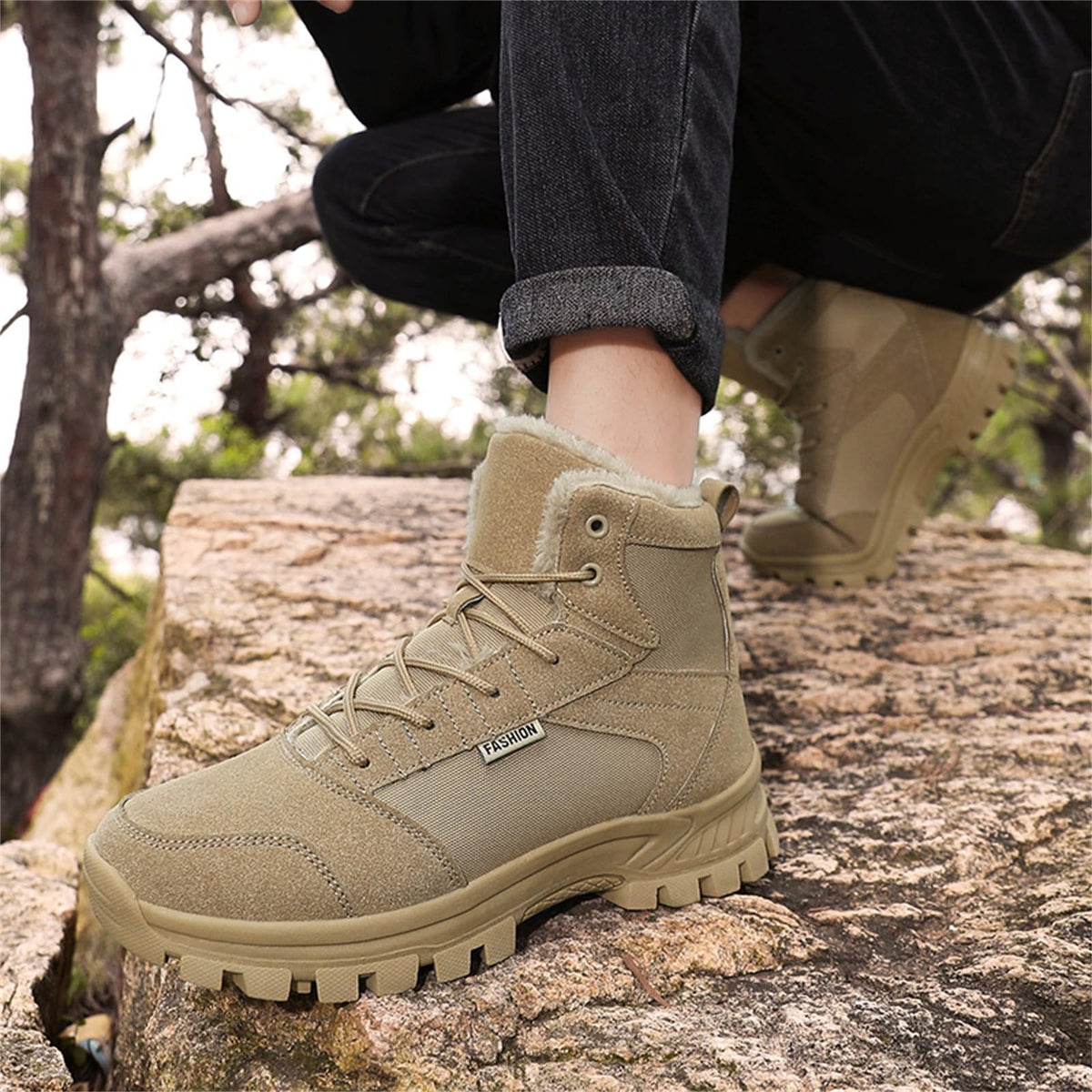 Mid Top Fur Lined Suede Leather Waterproof Military Tactical Boots O9061