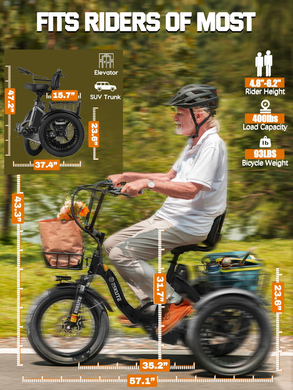 Electric Tricycle Bike 1200W Folding 3 Wheel Bicycle M46262