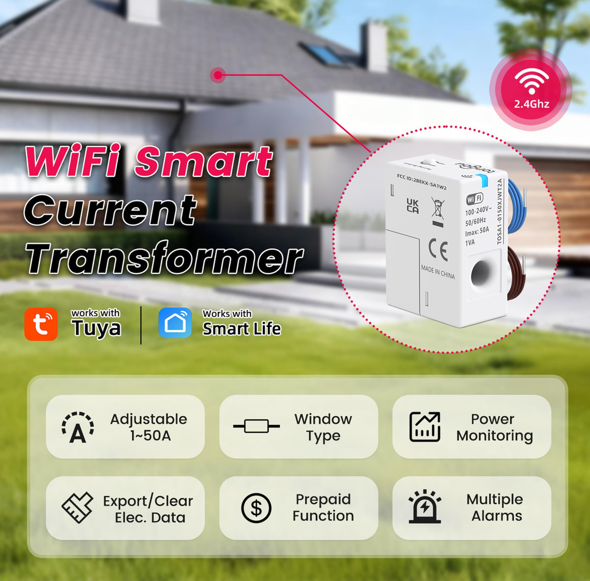 WiFi Smart Home Energy Monitor 1-50A 100-240VAC Current Transformer J953