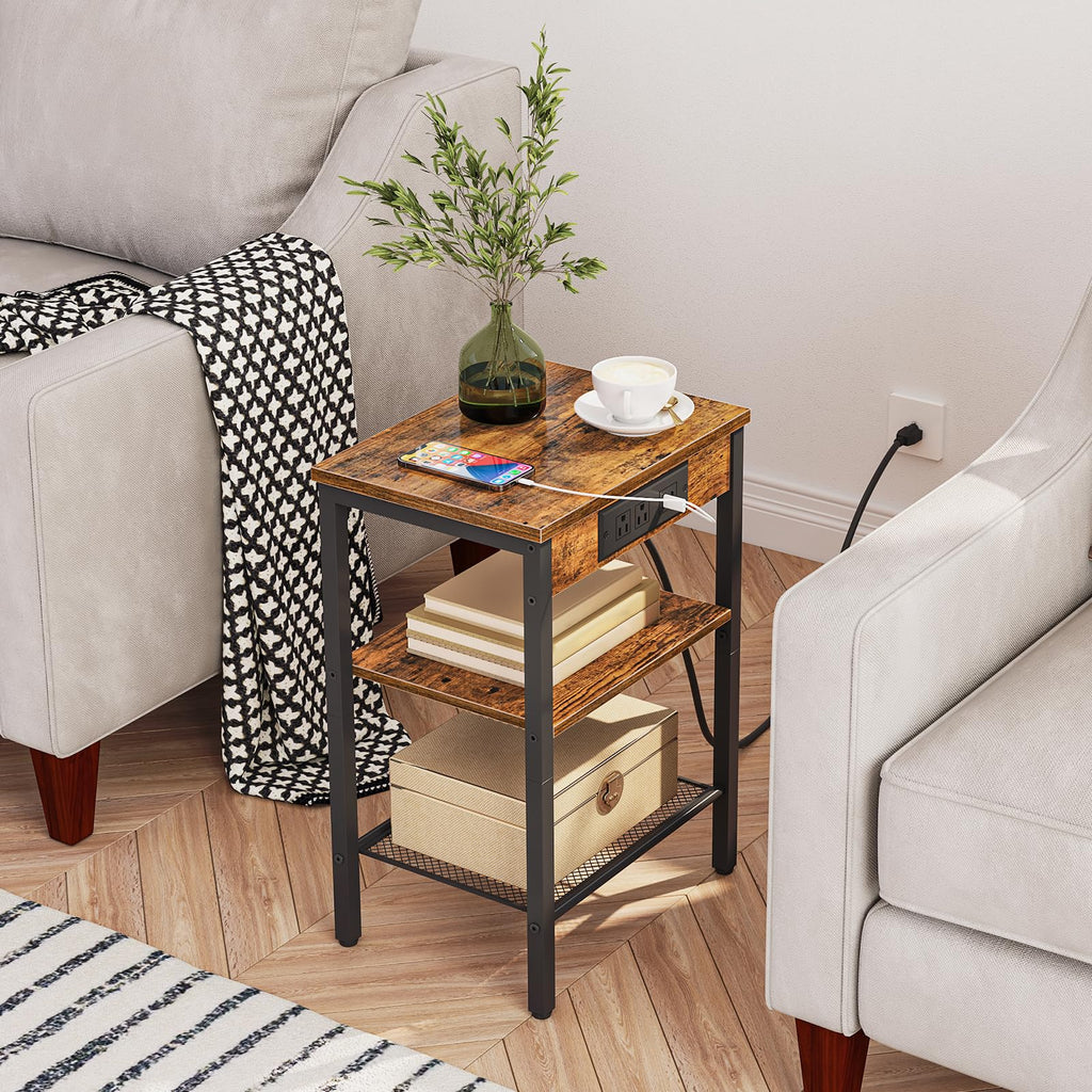 Side Table with Charging Station and USB Port, 3-Tier Nightstand with Adjustable Shelf, Rustic Brown V79002