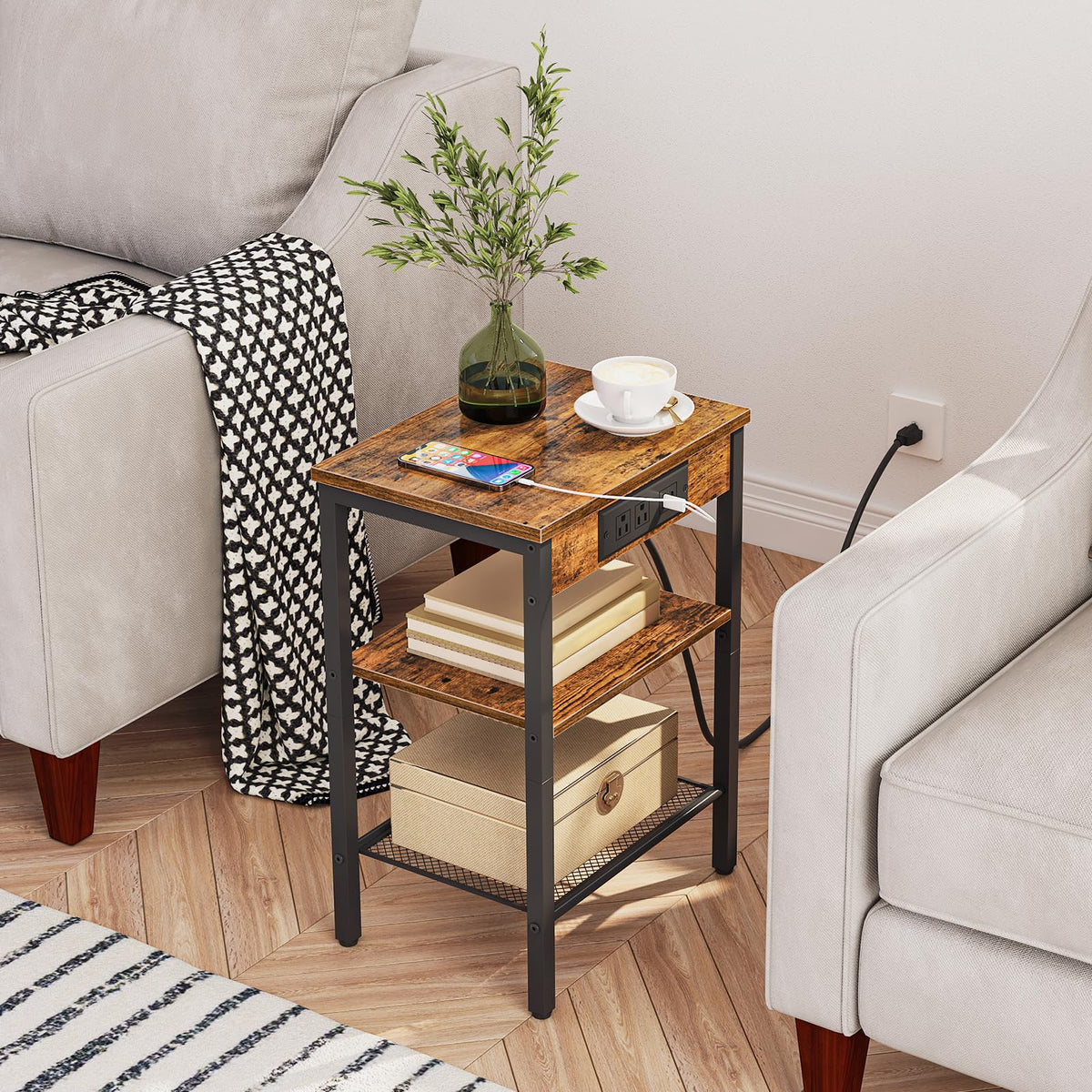 Side Table with Charging Station and USB Port, 3-Tier Nightstand with Adjustable Shelf, Rustic Brown V79002