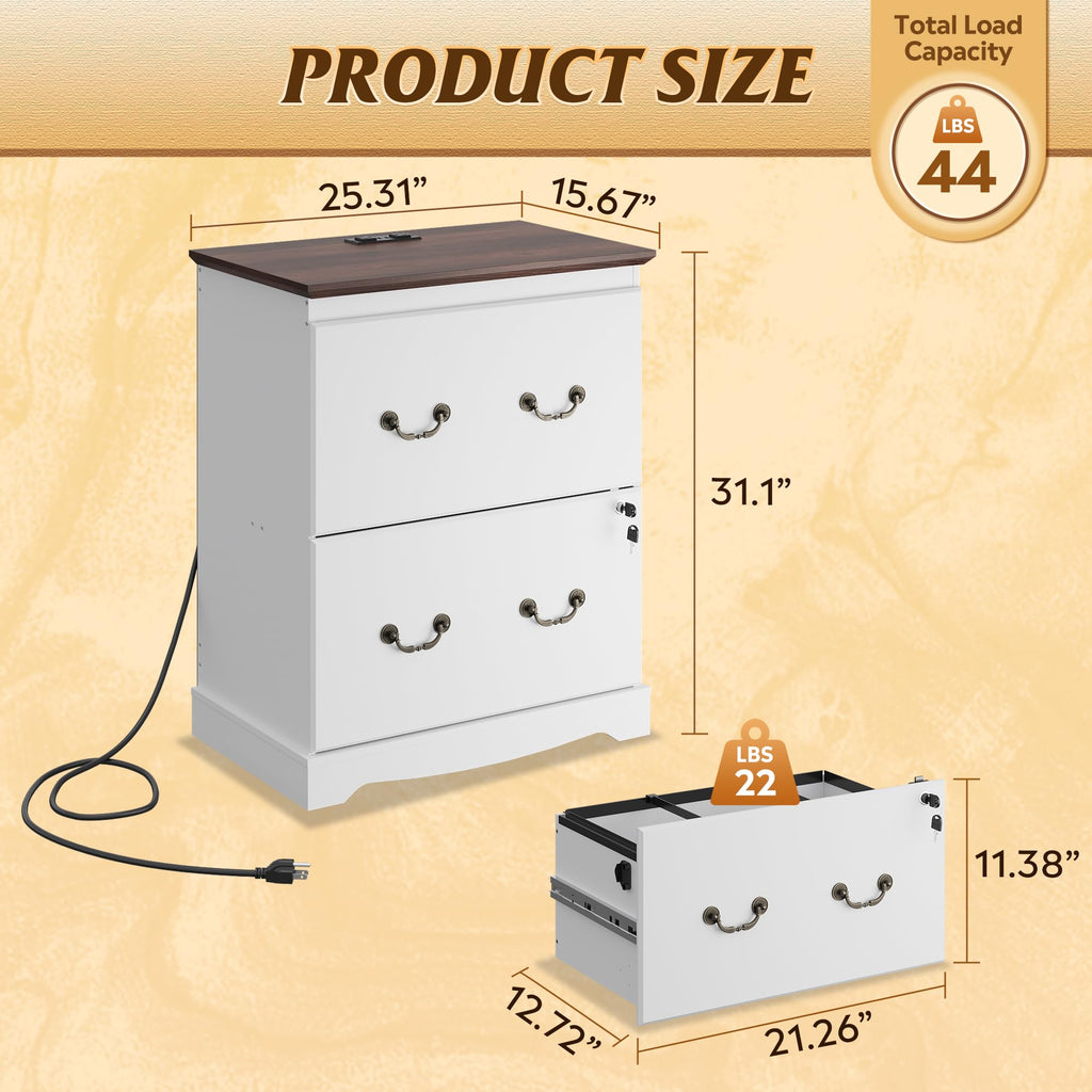 White 2 Drawer Wood File Cabinet with Charging Station and Lock B2463