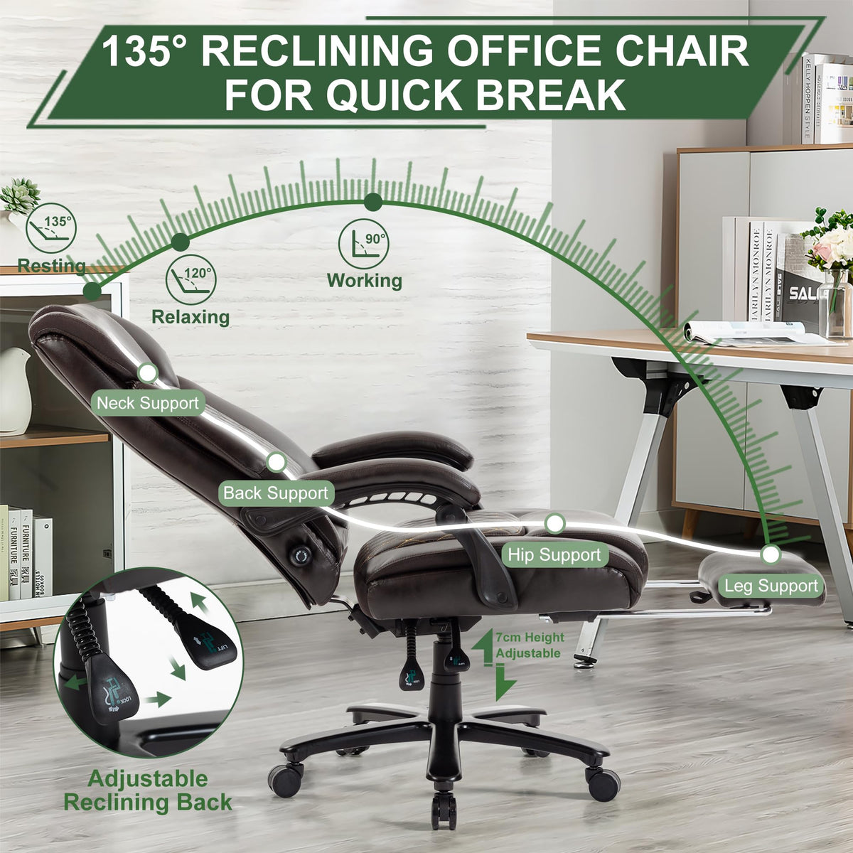 Brown Reclining Executive Office Chair with Footrest R360966