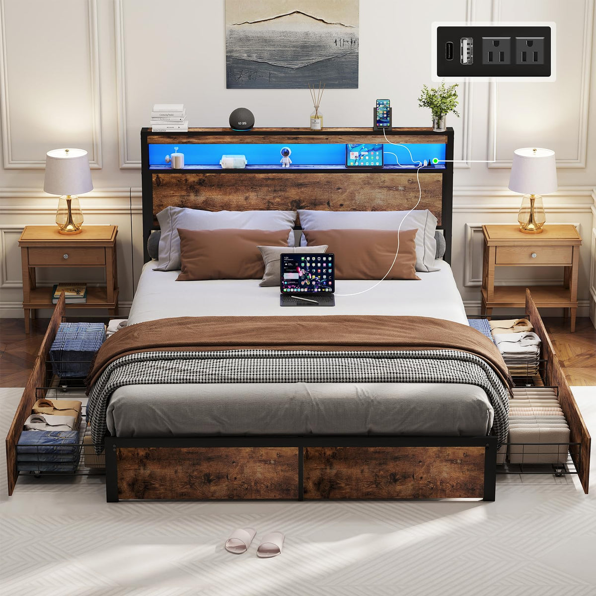 Queen Size Bed Frame with 4 Storage Drawers I92818
