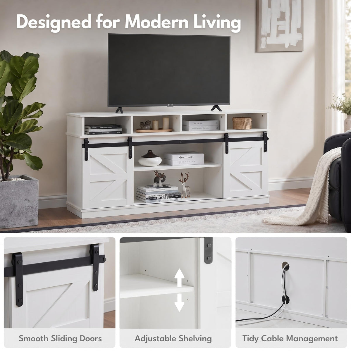 White 58" Farmhouse TV Stand with Sliding Barn Doors Q11648