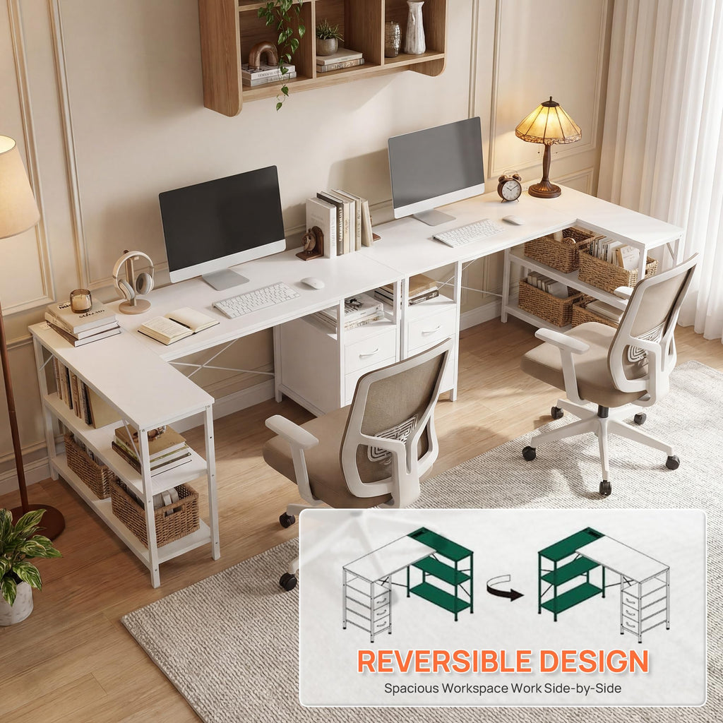 White 47 Inch L Shaped Gaming Desk with 3 Drawers and Shelves K634044