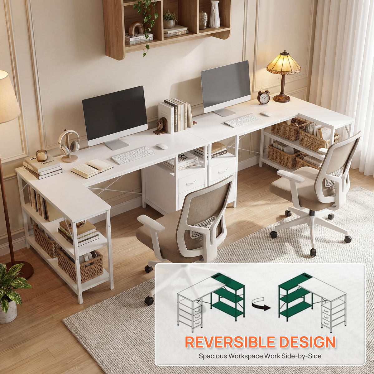 White 47 Inch L Shaped Gaming Desk with 3 Drawers and Shelves K634044