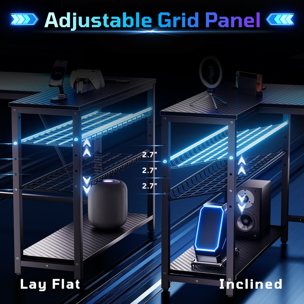 42-Inch L-Shaped Computer Desk with Charging & LED, Black X7895