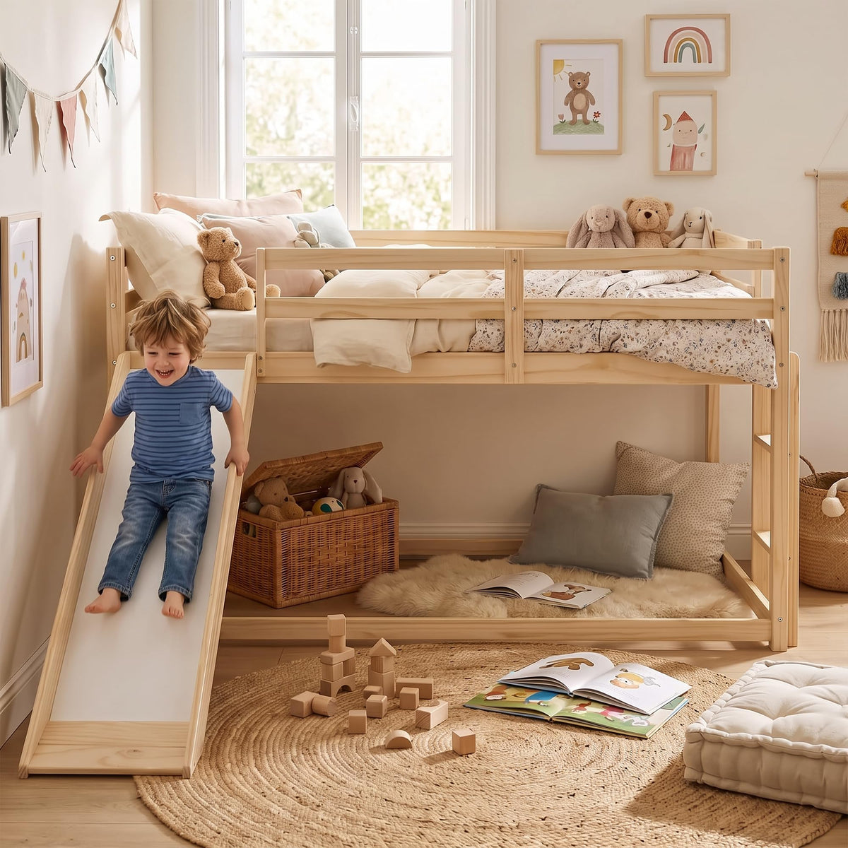 Twin Over Twin Solid Wood Bunk Bed with Slide and Ladder Y8273