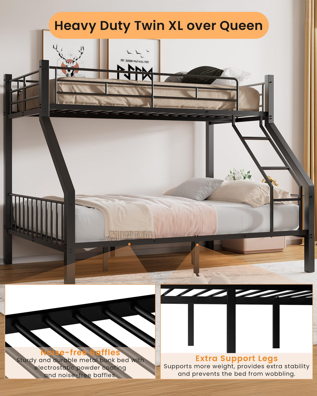 Twin XL Over Queen Bunk Bed with Ladder and Guardrails G46839
