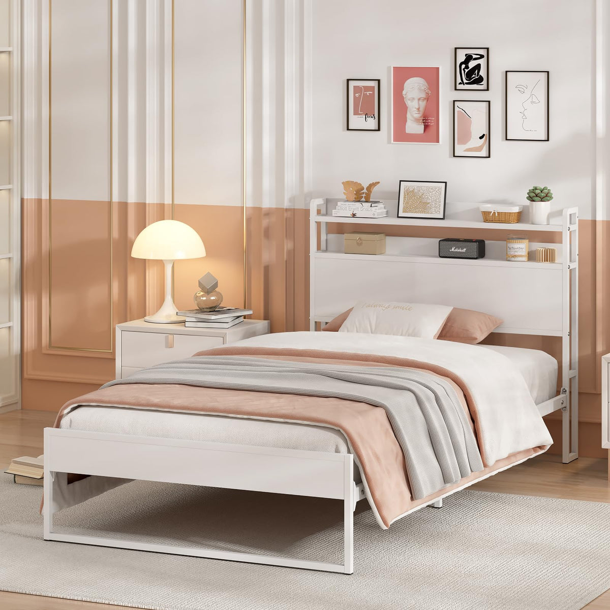 White Metal Twin Bed Frame with 2-Tier Storage Headboard H45689