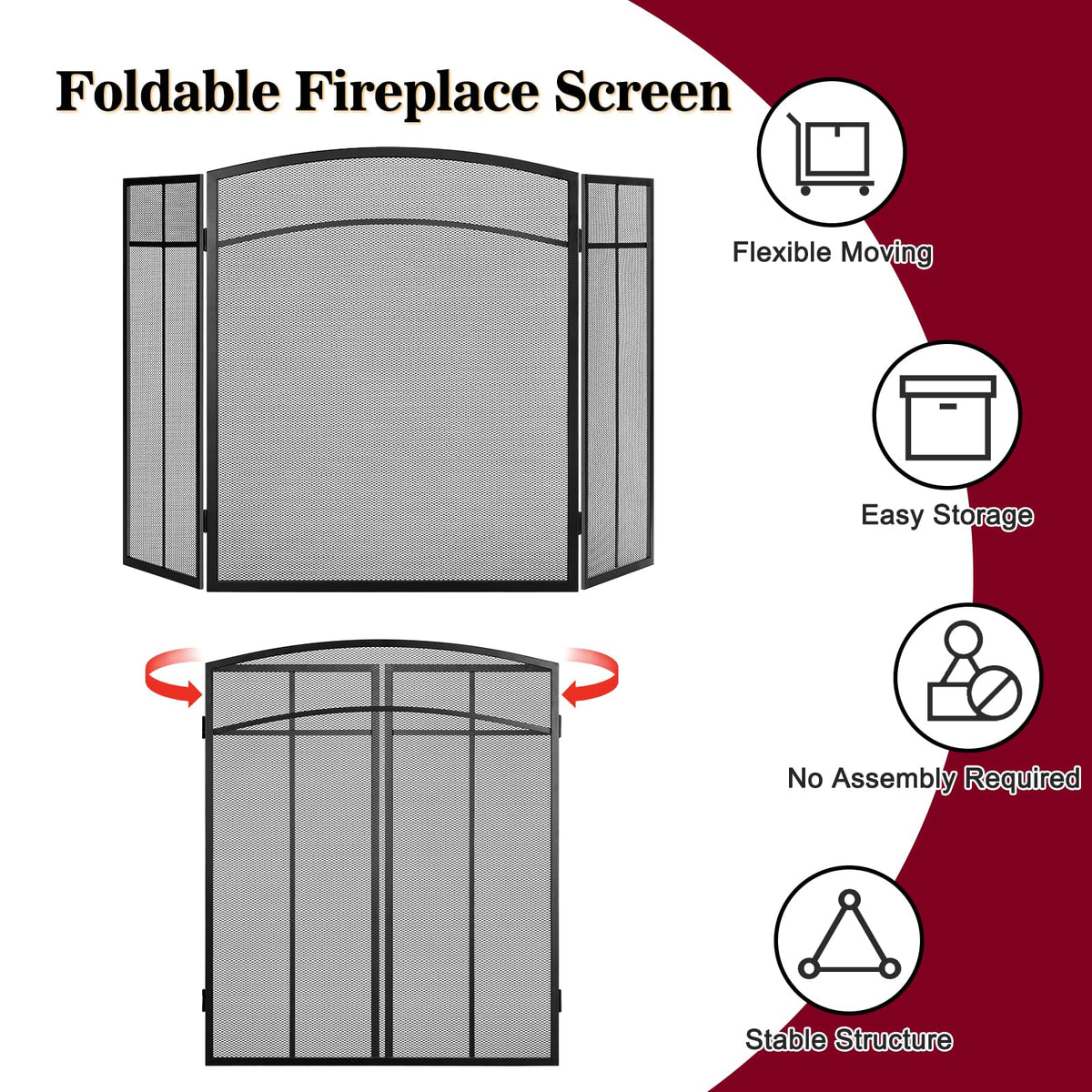 Black 3 Panel Steel Mesh Fireplace Screen H890
