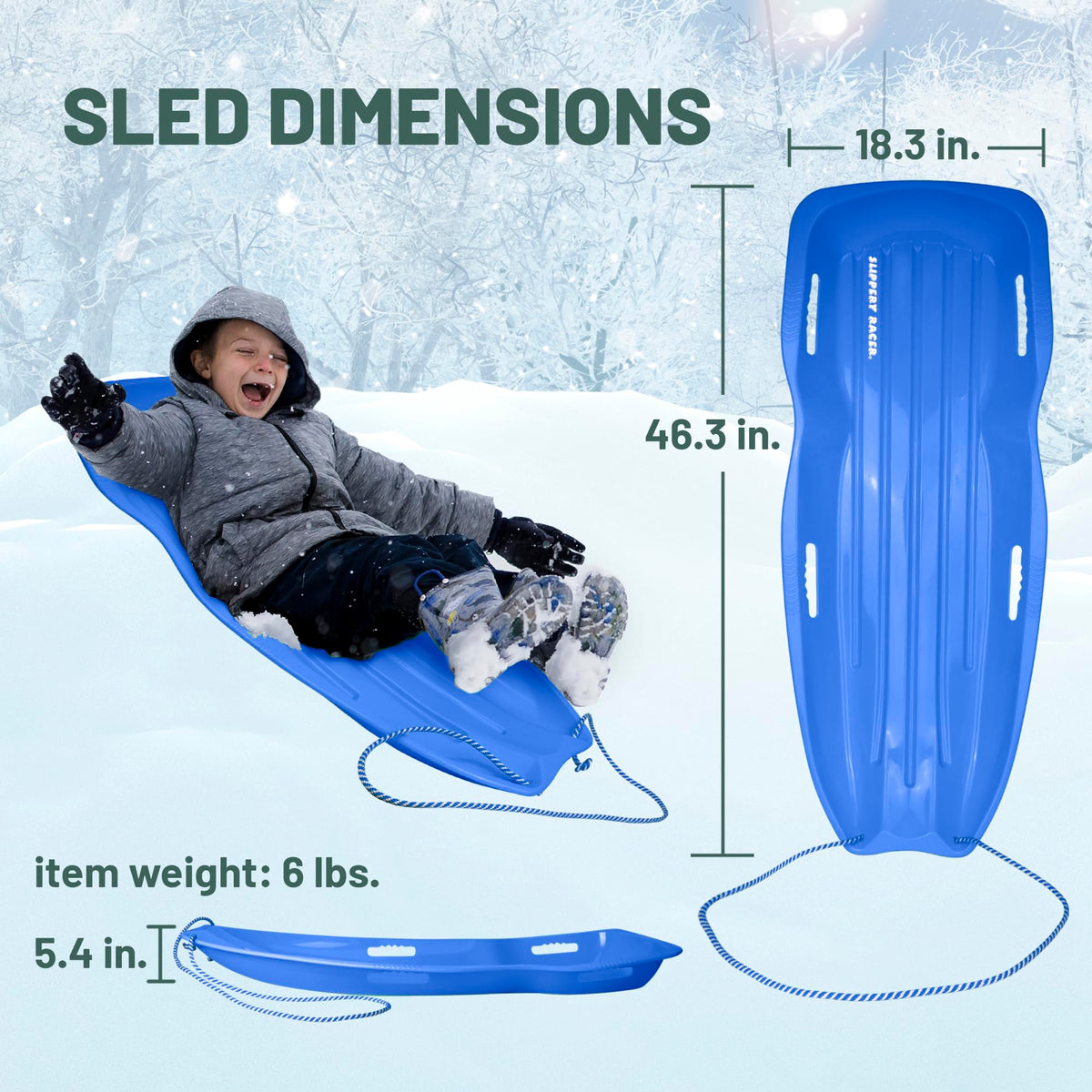 Kids Plastic Snow Sled with Pull Rope and Handles, Blue U726