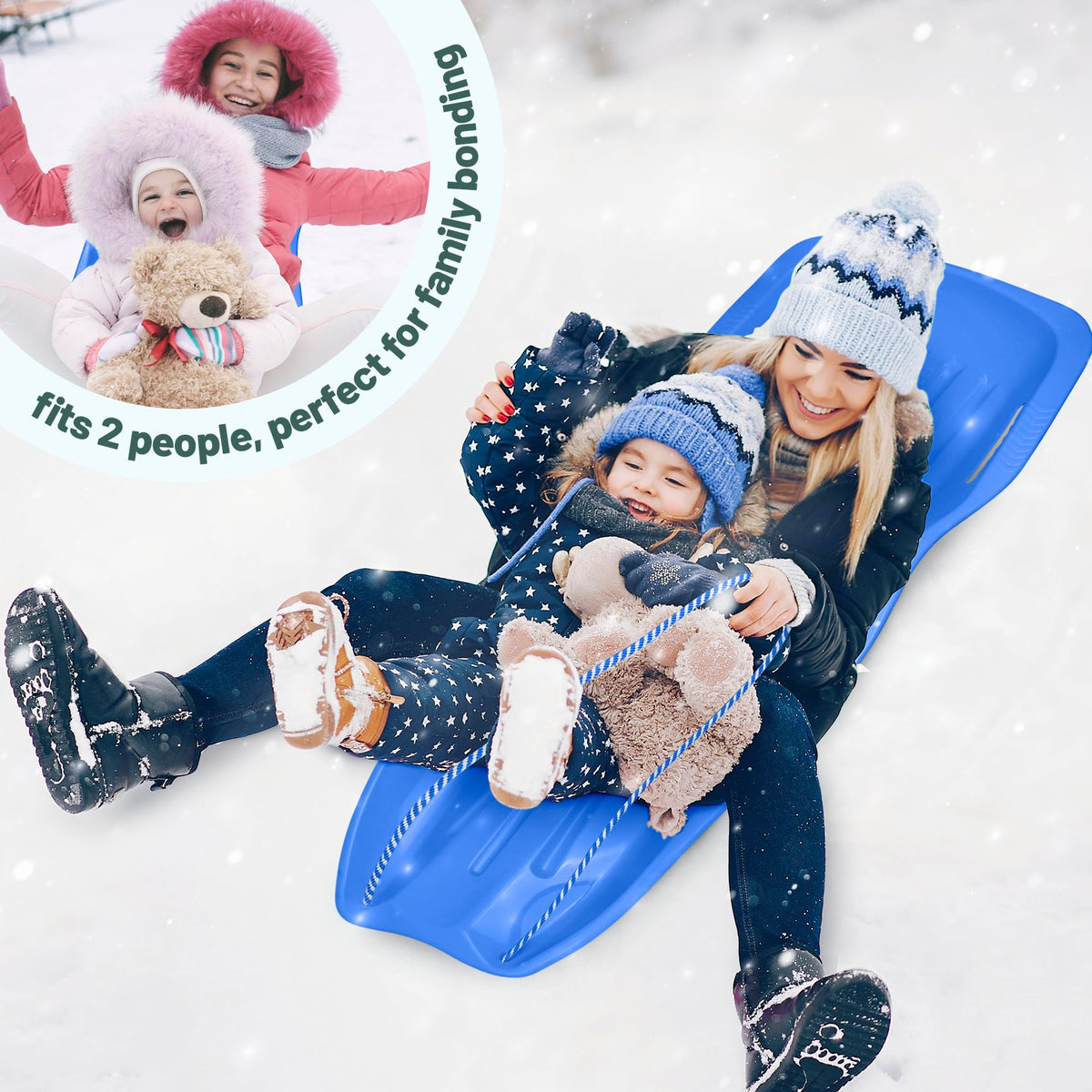 Kids Plastic Snow Sled with Pull Rope and Handles, Blue U726