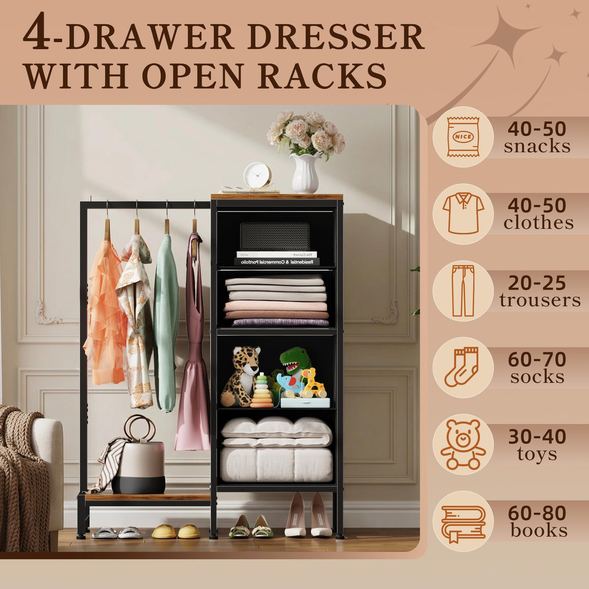 Tall Dresser with Hanging Rack, 4 Drawers O920