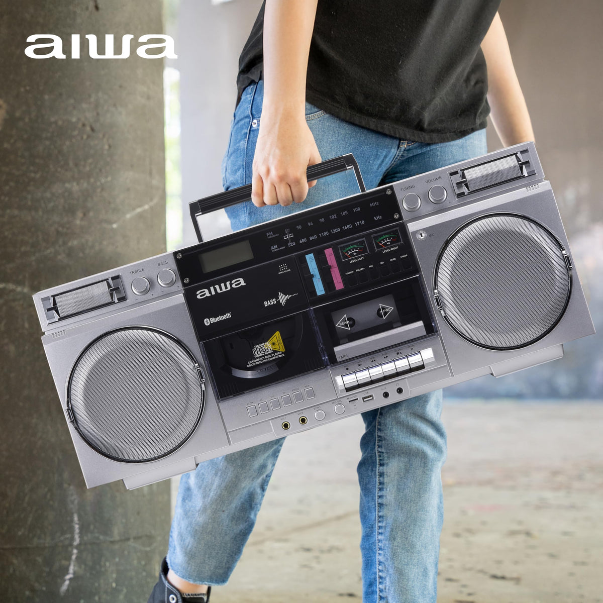 Retro Boombox CD Player with Cassette Recording, Bluetooth, FM/AM Radio, USB/SD/AUX Inputs, Dual 40W Speakers A5756