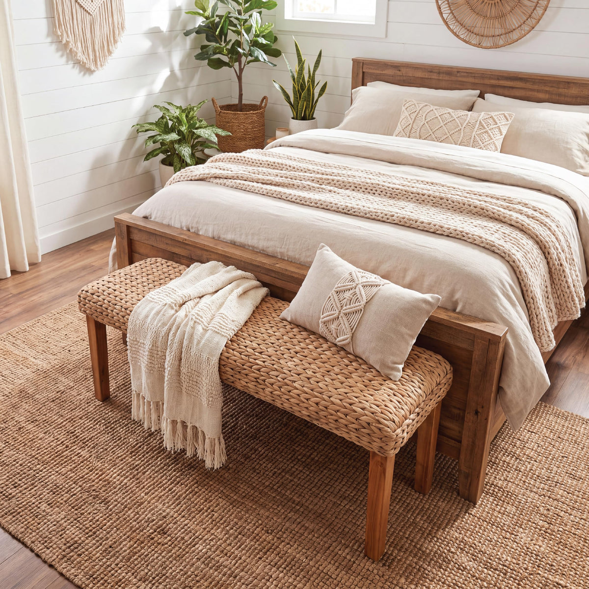 Solid Wood Acacia Indoor Bench 47 Inch Water Hyacinth Seat C372031