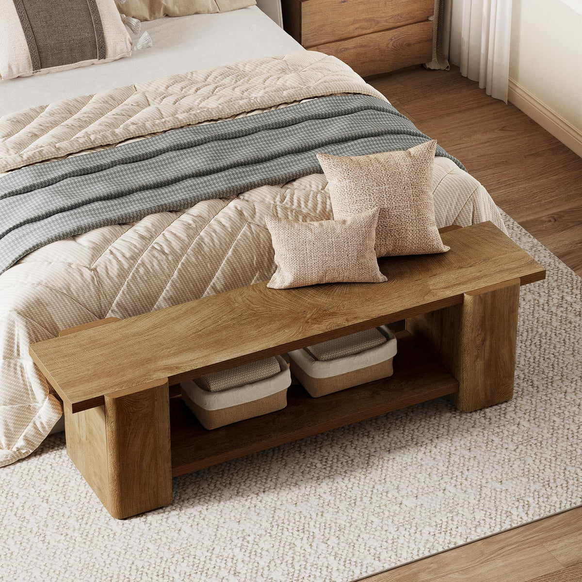 Wood Storage Bench with Shelf R1879