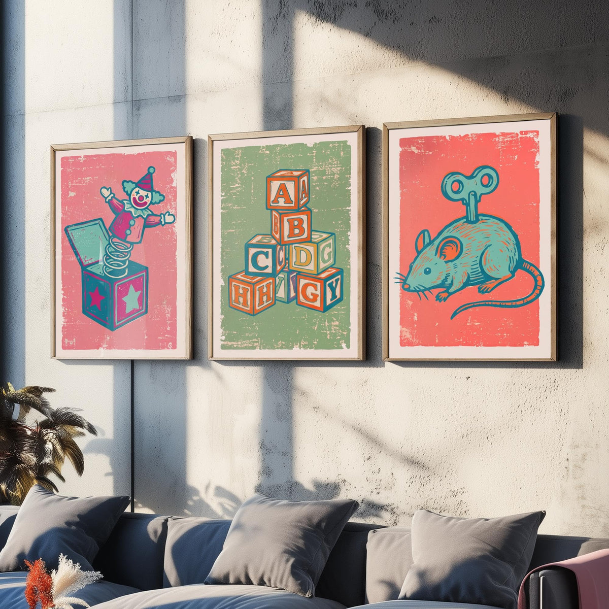 Art Prints Set of 3 Retro Linocut Style C42743
