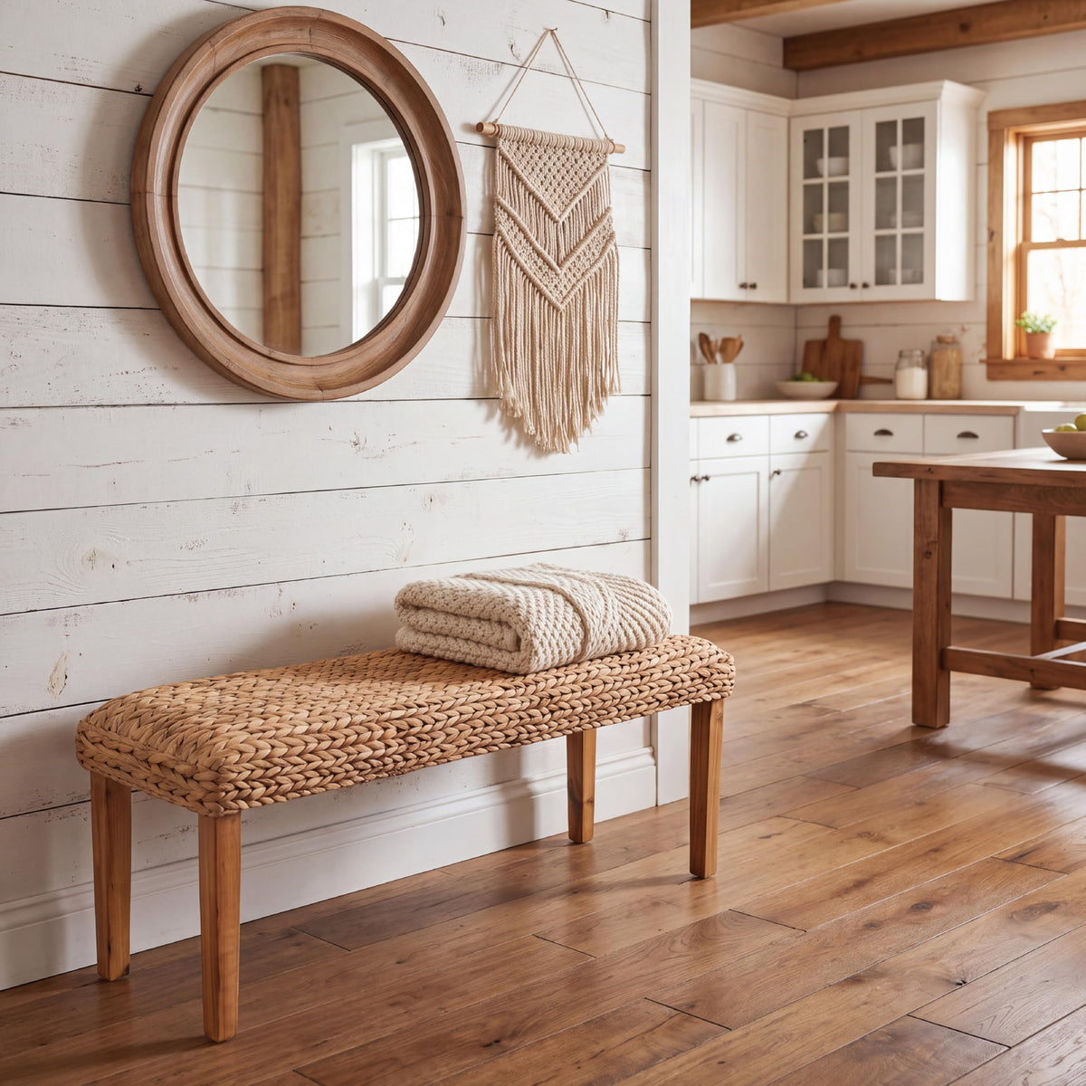 Solid Wood Acacia Indoor Bench 47 Inch Water Hyacinth Seat C372031