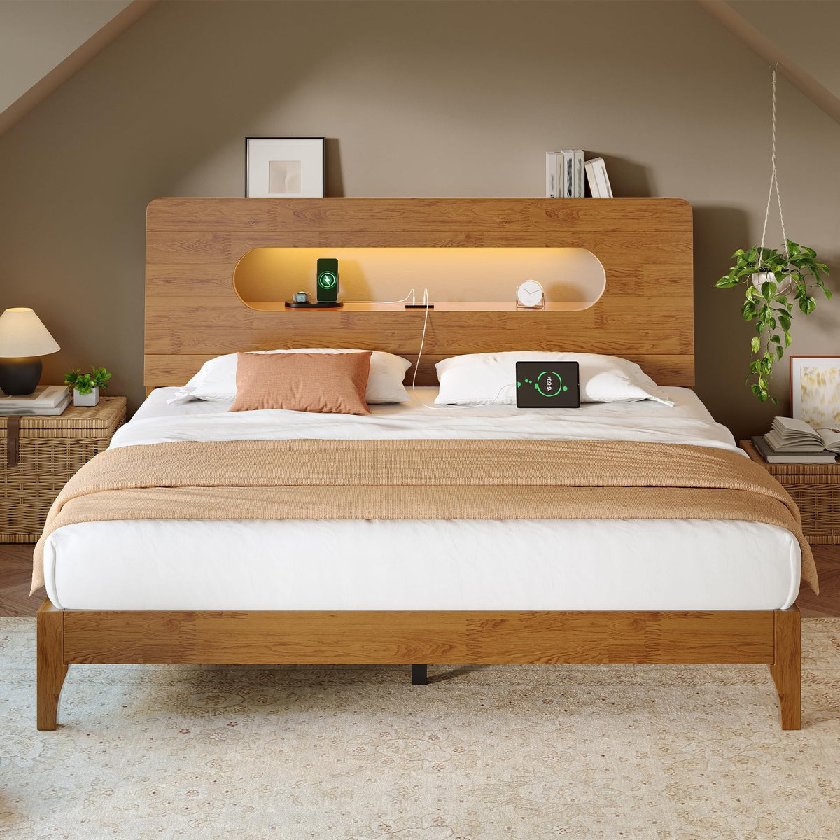 Queen Size Solid Wood Bed Frame with Storage Headboard, Brown H478