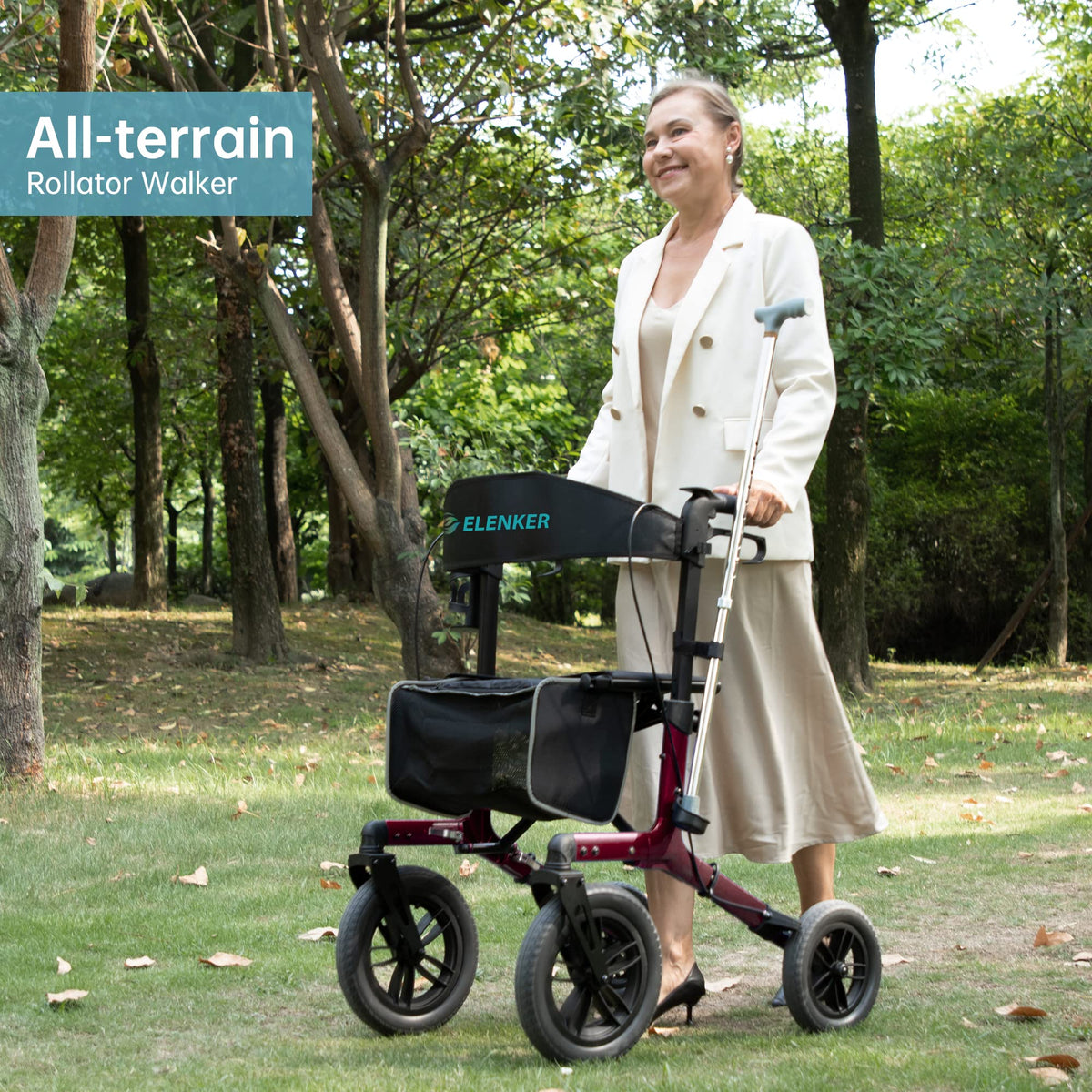 All-Terrain Rollator Walker with 12” Front Wheels, Compact Folding, Red T649