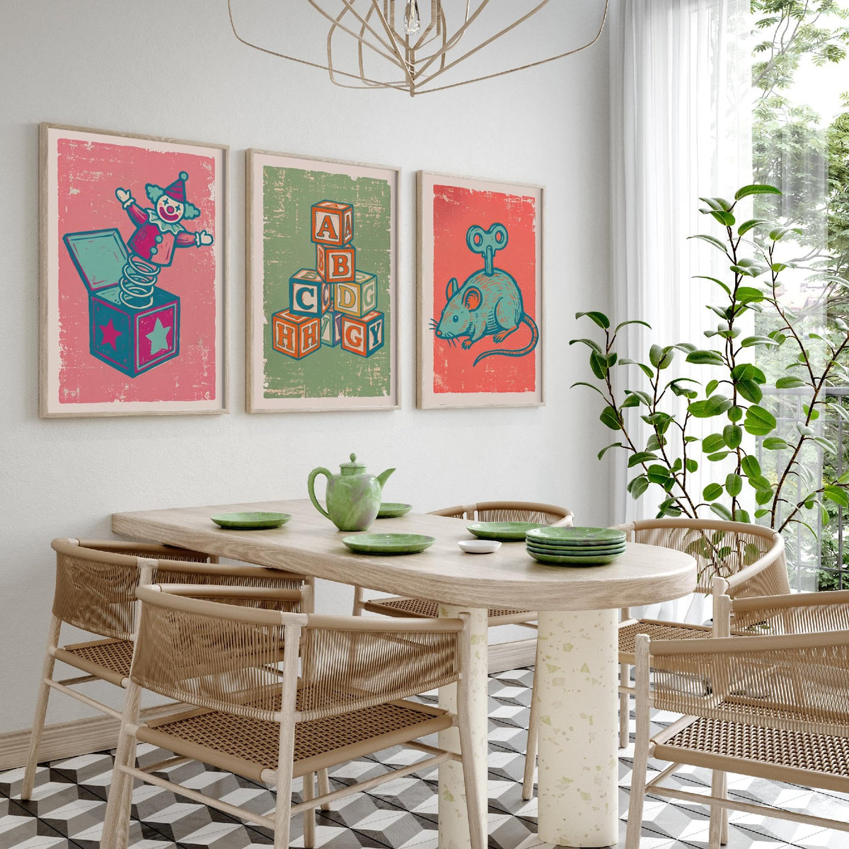 Art Prints Set of 3 Retro Linocut Style C42743