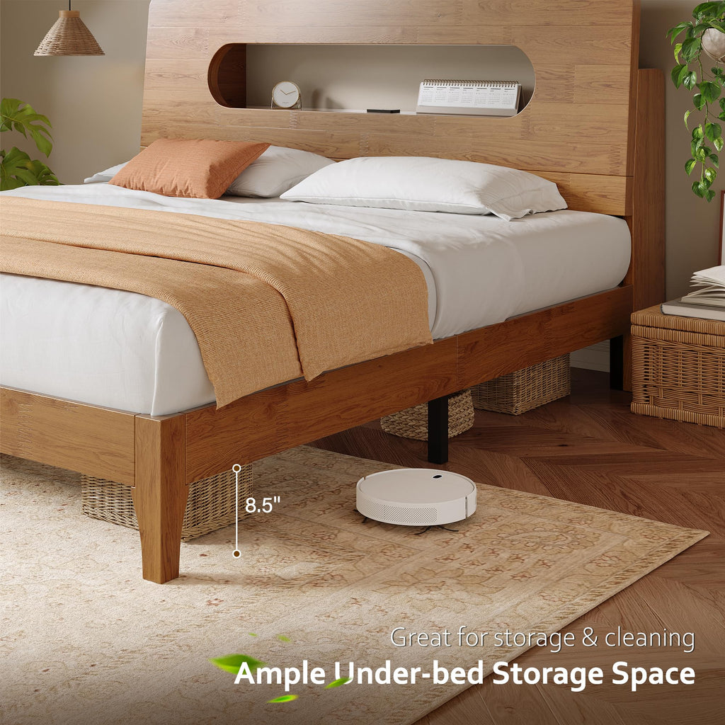 Queen Size Solid Wood Bed Frame with Storage Headboard, Brown H478