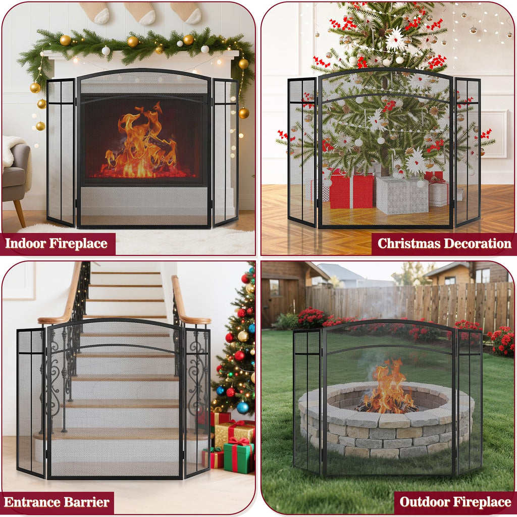 Black 3 Panel Steel Mesh Fireplace Screen H890