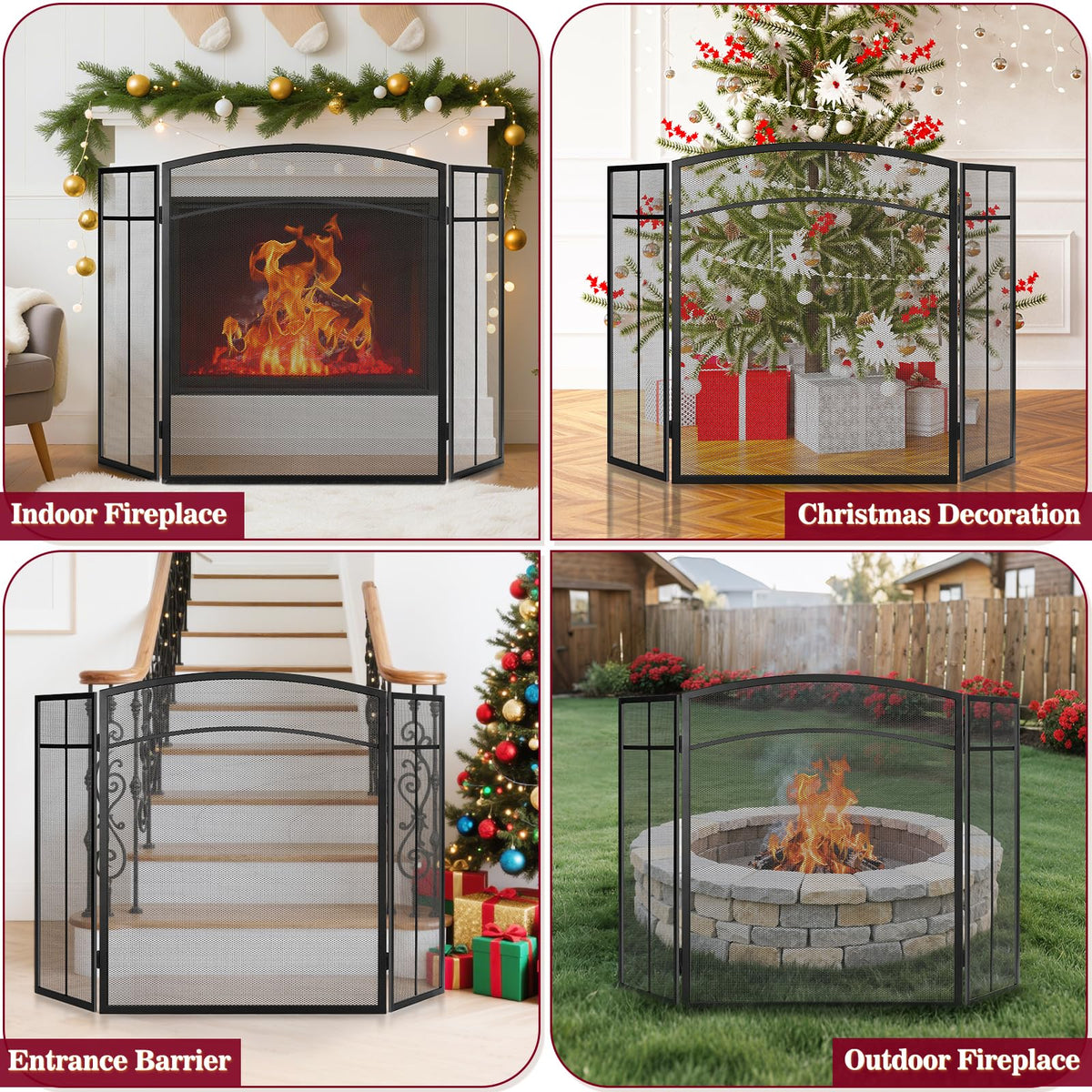 Black 3 Panel Steel Mesh Fireplace Screen H890