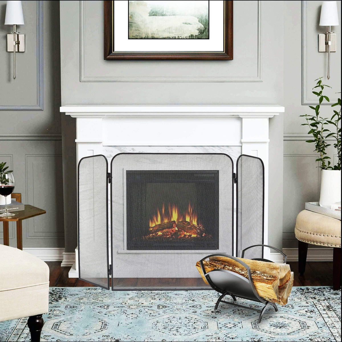 Iron 3-Panel Fireplace Screen Spark Guard D466884