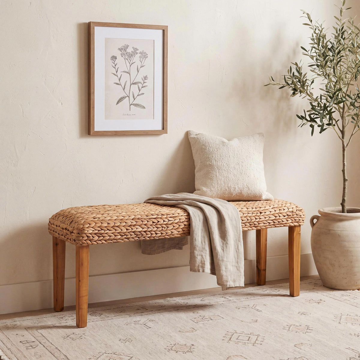 Solid Wood Acacia Indoor Bench 47 Inch Water Hyacinth Seat C372031